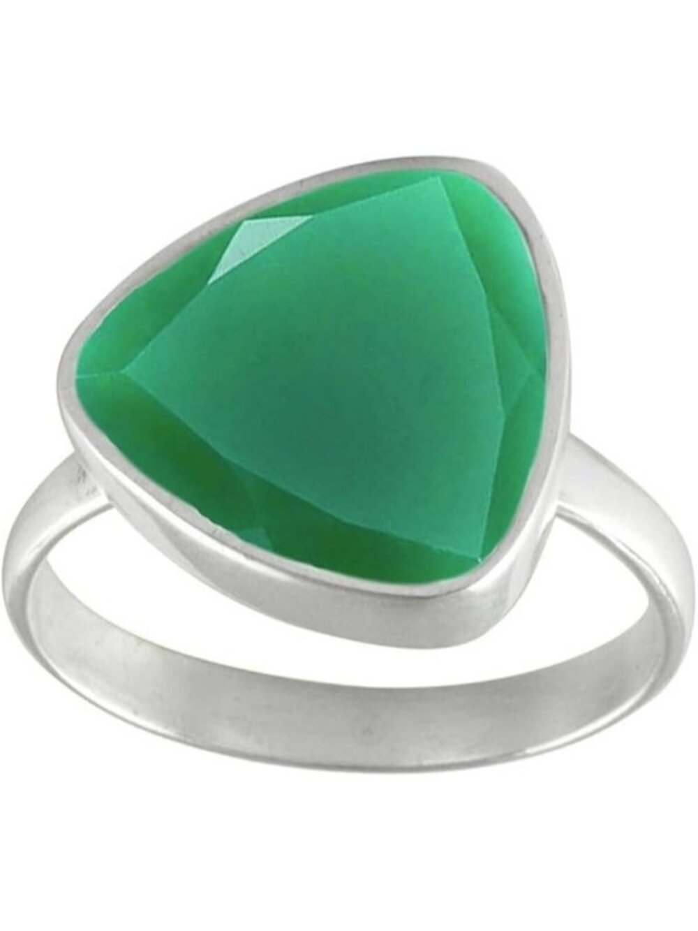 Natural-faceted Green Onyx Gemstone Ring Trillion Shape Silver Faceted Ring